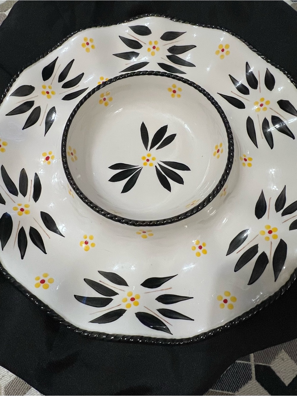 Temp-tations Old World Chip & Dip Platter Black Cream Hand Painted